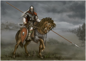 Knight on a horse in a story dark field