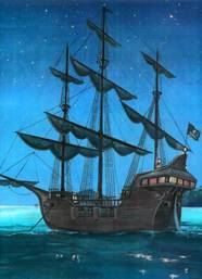 Pirate Ship in a blue night on the blue sea. 