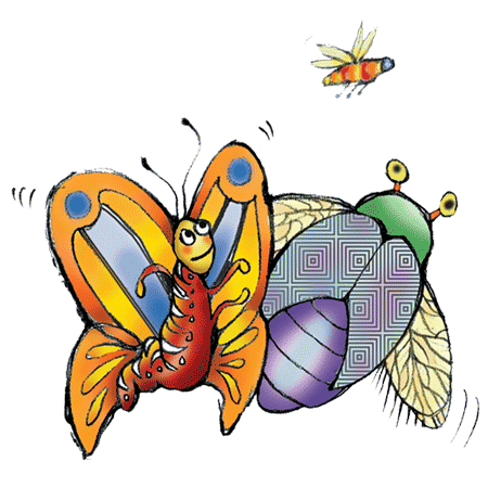 Bill Buczinsky's poetic graphic of a butterfly, bug, and small bug