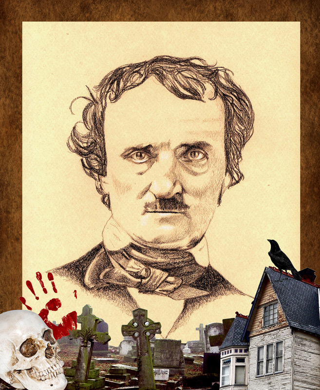 Edgar Allan Poe Portrait with graphics on the bottom 
