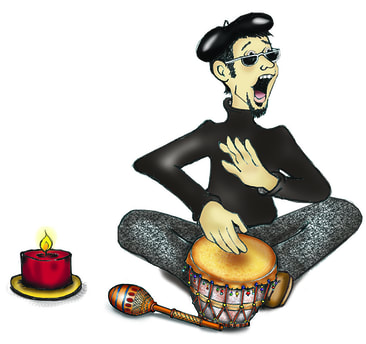 Bill Buczinsky's poetic graphic of a man playing a bongo and a candle by his side. 