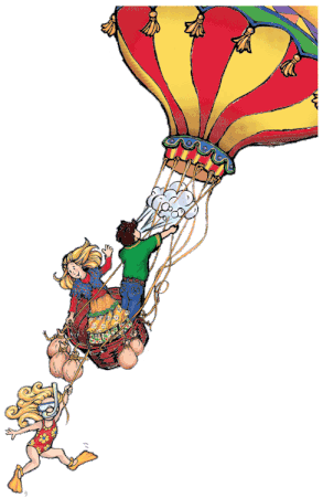 Bill Buczinsky's poetic graphic children flying away on a hot air balloon