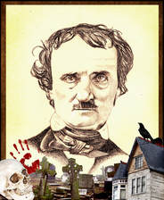 Portrait of Edgar Allan Poe with graphics on the bottom 