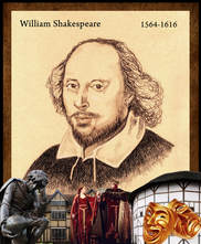 Portrait of William Shakespeare with graphics on the bottom 